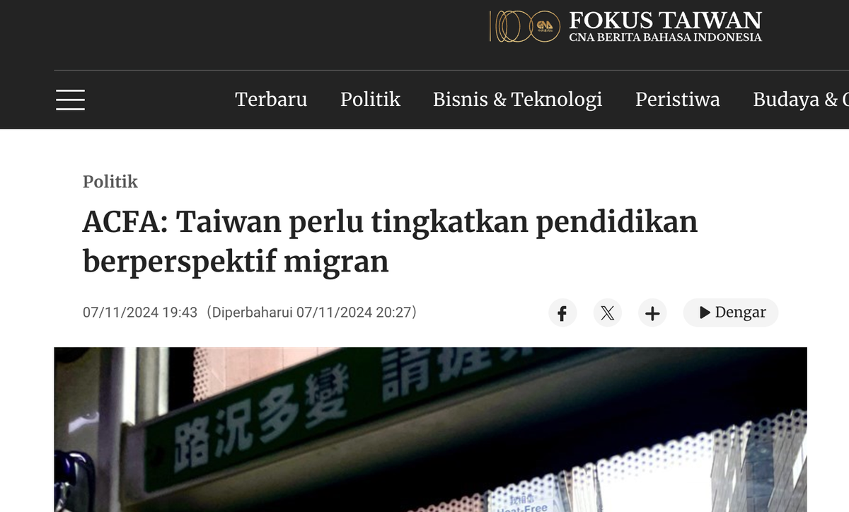 ACFA: Taiwan perlu tingkatkan pendidikan berperspektif migran